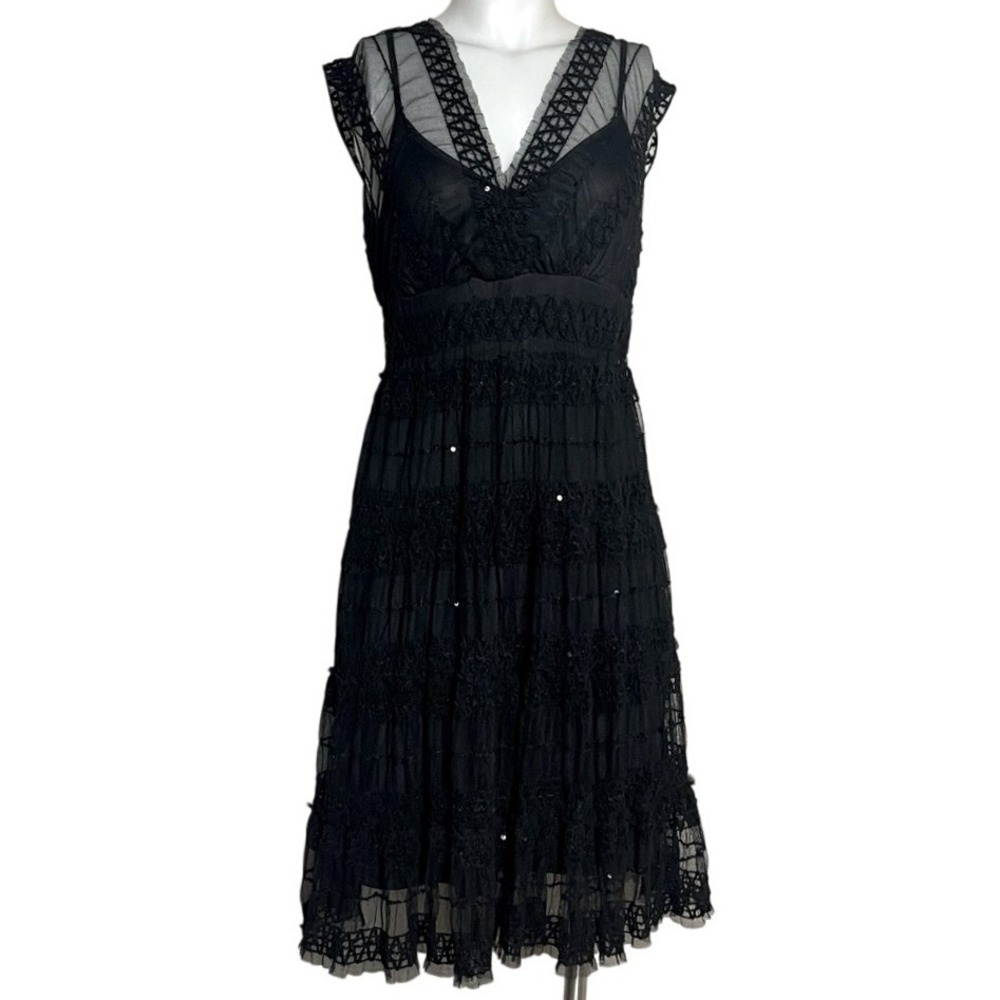 MAX STUDIO BLACK LACE & SEQUIN CAP SLEEVE FIT & FLARE SHEER DRESS